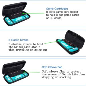 Accessories Kit for Nintendo Switch Lite - YOOWA Accessories Bundle with Carrying Case Protective Cover case and 2-Pack Tempered Glass Screen Protector, Adjustable Play Stand, 6 Thumb Grips