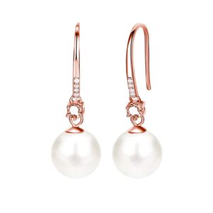 rose gold drop earrings 10mm white pearl & cubic zirconia dangle earrings for women jewelry