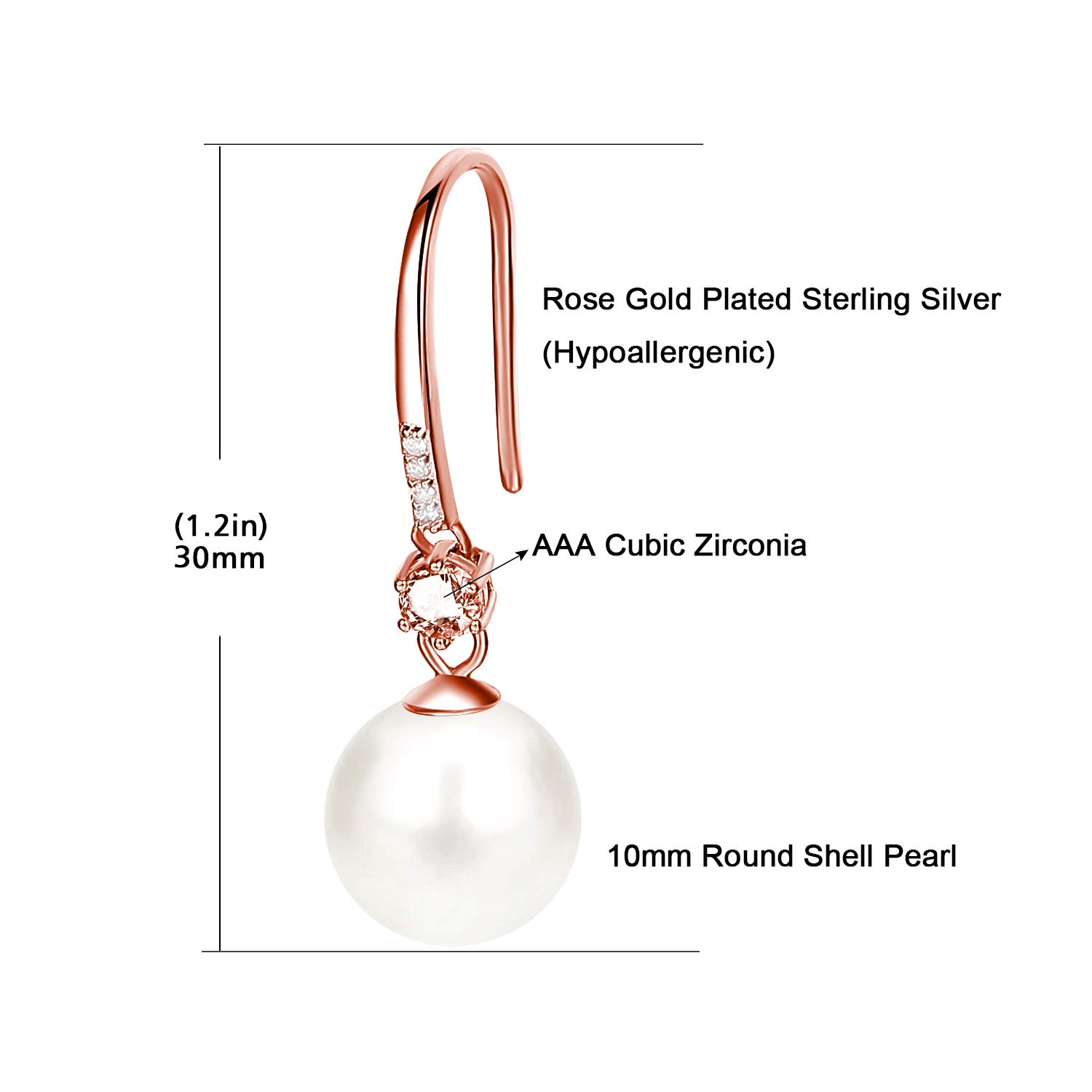 Rose Gold Drop Earrings 10mm White Pearl & Cubic Zirconia Dangle Earrings for Women Jewelry