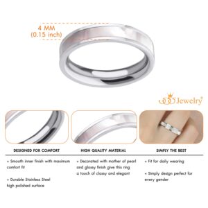 555Jewelry 4mm Stainless Steel Mother of Pearl Abalone Shell Inlay Band Ring for Women & Ladies, Shell Wedding Rings for Women, Silver, Size 8