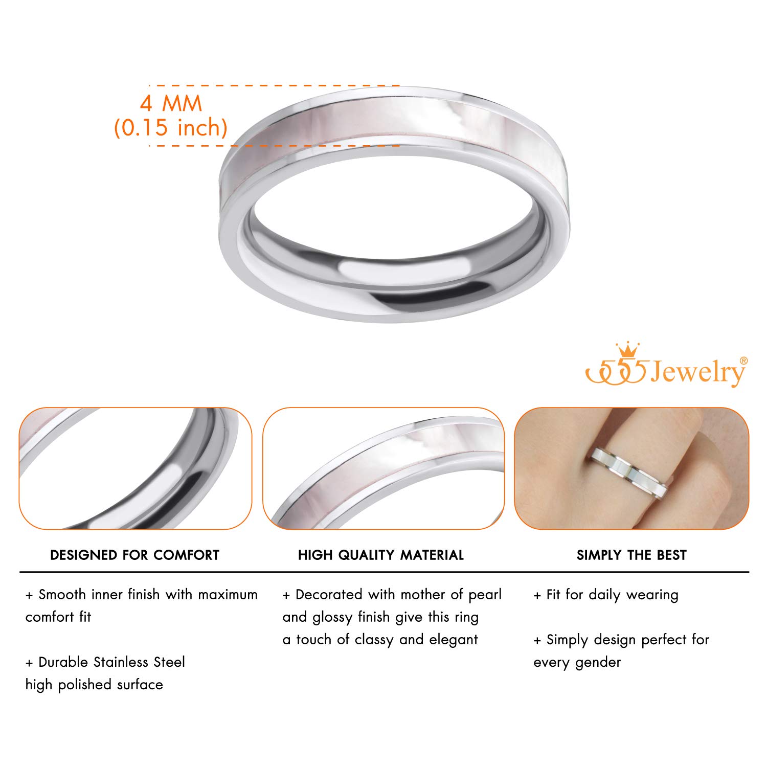 555Jewelry 4mm Stainless Steel Mother of Pearl Abalone Shell Inlay Band Ring for Women & Ladies, Shell Wedding Rings for Women, Silver, Size 8