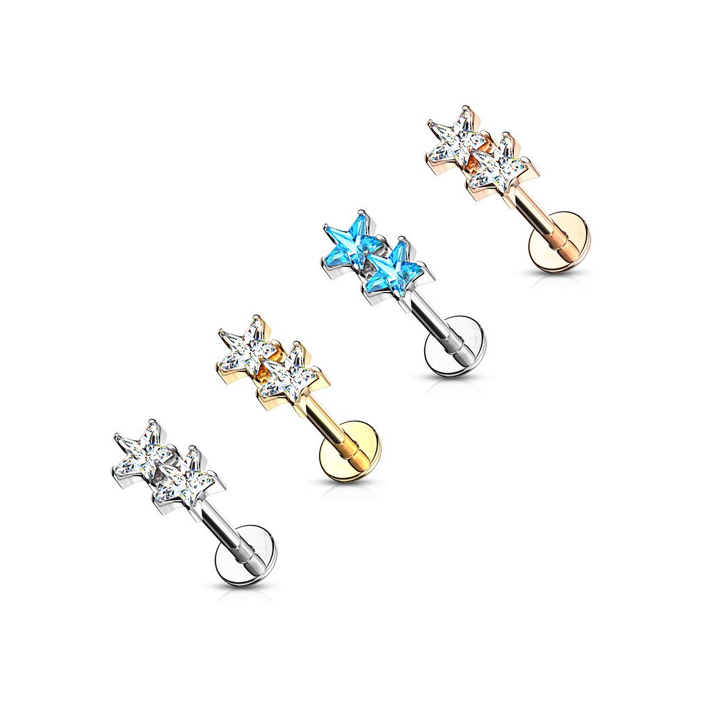 Pierced Owl 16GA Twin CZ Crystal Star Top Monroe Labret Cartilage Ear Stud (Silver Tone/Aqua)