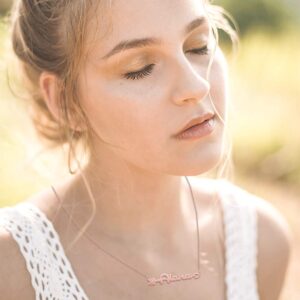 LoEnMe Jewelry Genevieve Name Necklace of Rose Gold Plated Custom Made with Arrow Love Heart Sterling Silver Personalized Bridesmaid Gift