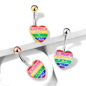 Pierced Owl Rainbow Gay Pride Synthetic Opal Glitter Heart Belly Button Navel Ring (Rose Gold Tone)