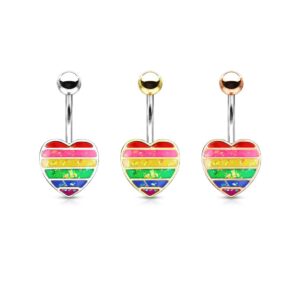 Pierced Owl Rainbow Gay Pride Synthetic Opal Glitter Heart Belly Button Navel Ring (Rose Gold Tone)