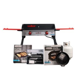 camp chef guy fieri's pro 14 bundle & more - pro60x bundle for outdoor cooking - double burner stove - 12" cast iron skillet - 1-burner bbq box - fry griddle - chef's utensil set