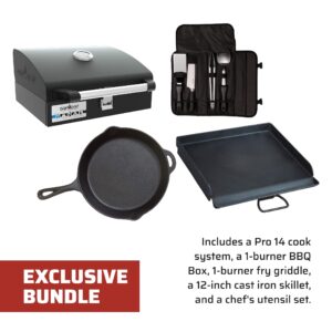 Camp Chef Guy Fieri's Pro 14 Bundle & More - Pro60X Bundle for Outdoor Cooking - Double Burner Stove - 12" Cast Iron Skillet - 1-Burner BBQ Box - Fry Griddle - Chef's Utensil Set