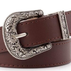 INOGIH Western-Leather-Belts-Women Vintage Waist-Belts with Hollow Out Flower Buckle