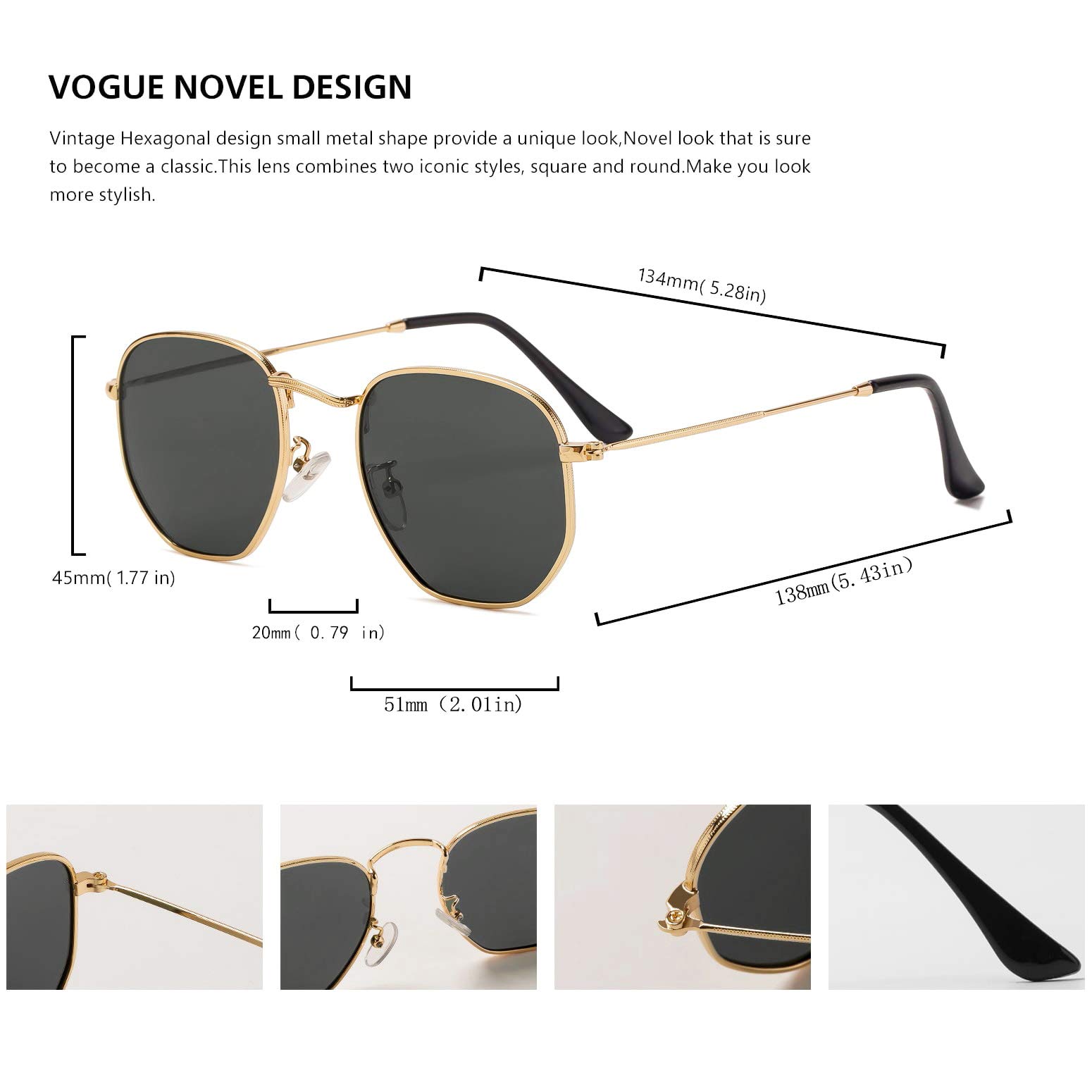 Hipster Hexagonal Polarized Sunglasses Men Women Geometric Square Small Vintage Metal Frame Retro Shade Glasses (Gold Black)