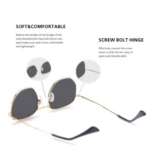 Hipster Hexagonal Polarized Sunglasses Men Women Geometric Square Small Vintage Metal Frame Retro Shade Glasses (Gold Black)