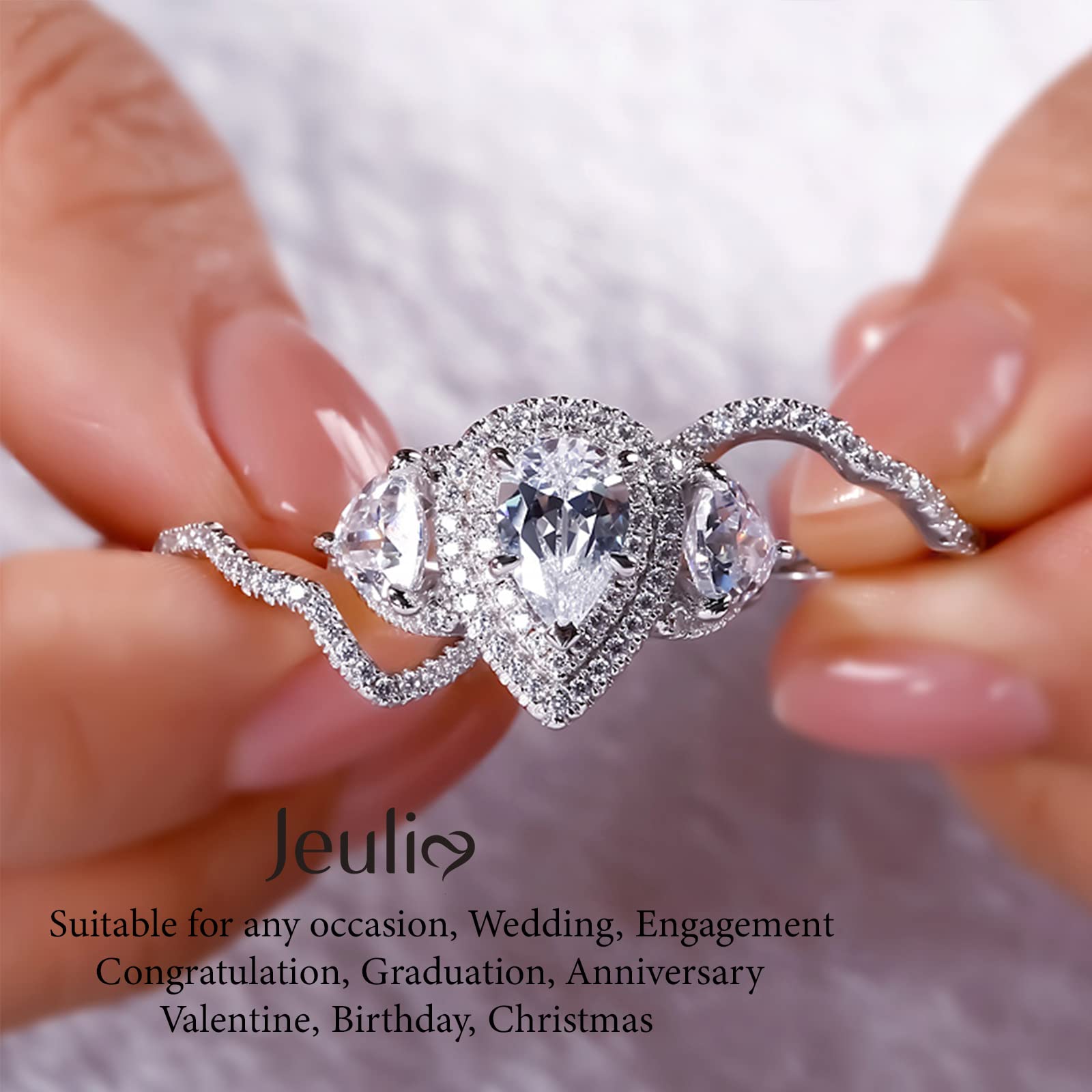 Jeulia Double Halo Oval Engagement Ring Sterling Silver Cubic Zirconia Engagement Ring Set Simulated Diamond Wedding Bridal Sets with Side Stones Promise Gift