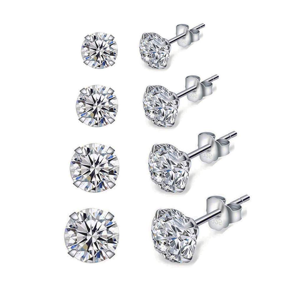 Sterling Silver Cubic Zirconia Stud Earrings Set for Womens Mens, 4 Pair Small Studs for Cartilage Tragus Multi Piercing Ears 3mm/ 4mm/ 5mm/ 6mm