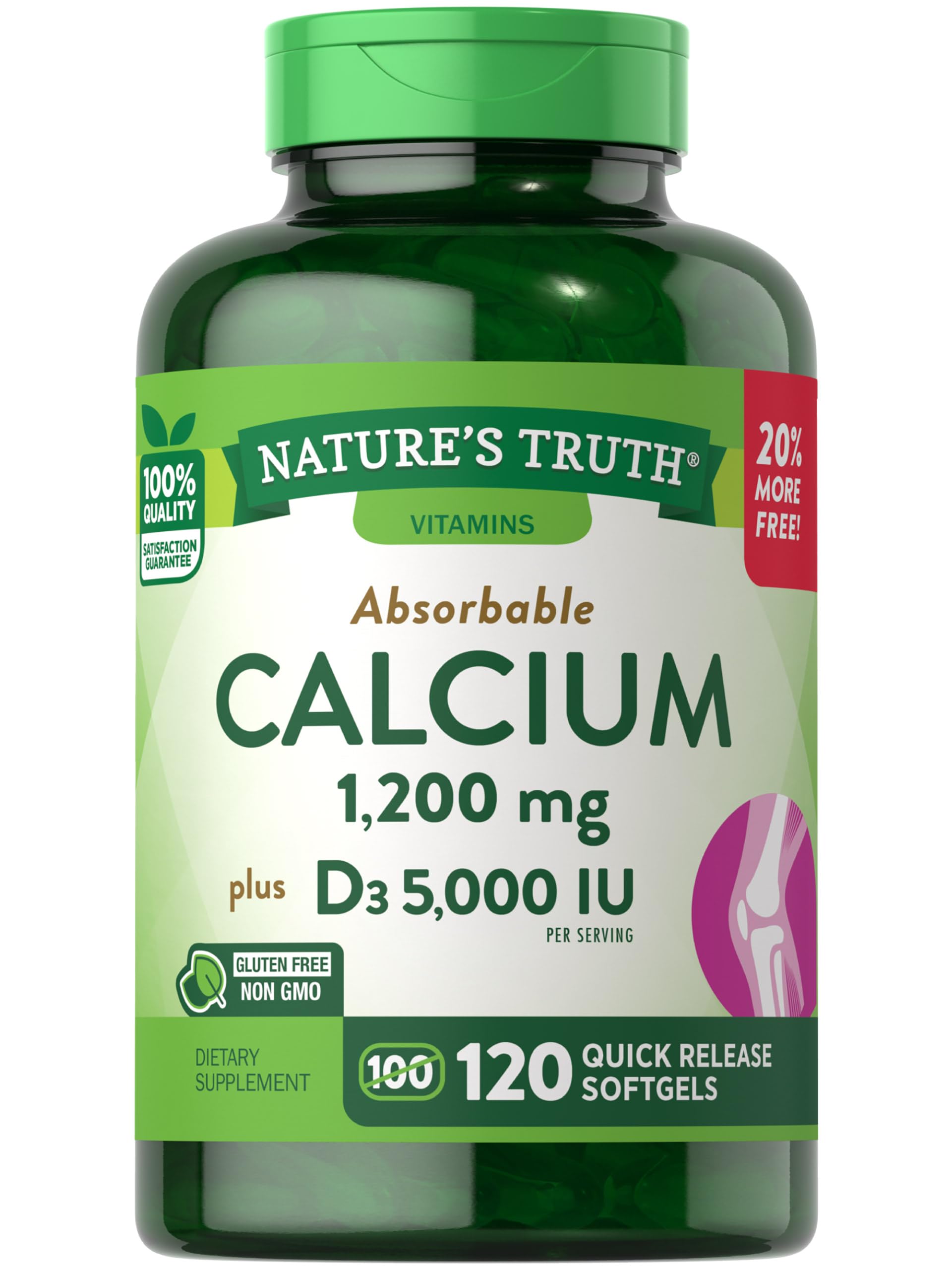 Absorbable Calcium 1200 mg with Vitamin D3 5000 IU | 120 Softgels | Calcium Carbonate Supplement | Non-GMO Gluten Free | by Nature's Truth