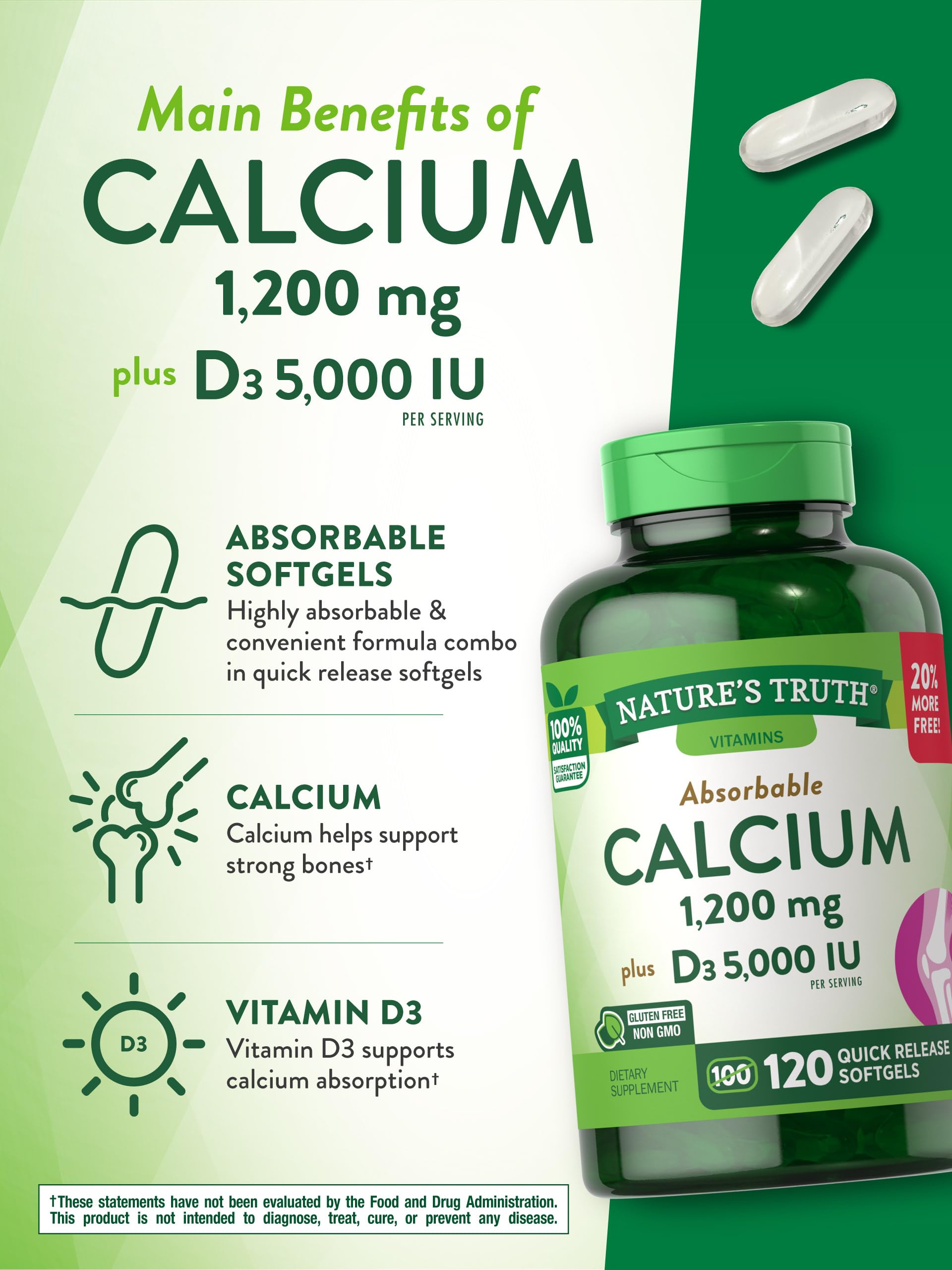 Absorbable Calcium 1200 mg with Vitamin D3 5000 IU | 120 Softgels | Calcium Carbonate Supplement | Non-GMO Gluten Free | by Nature's Truth