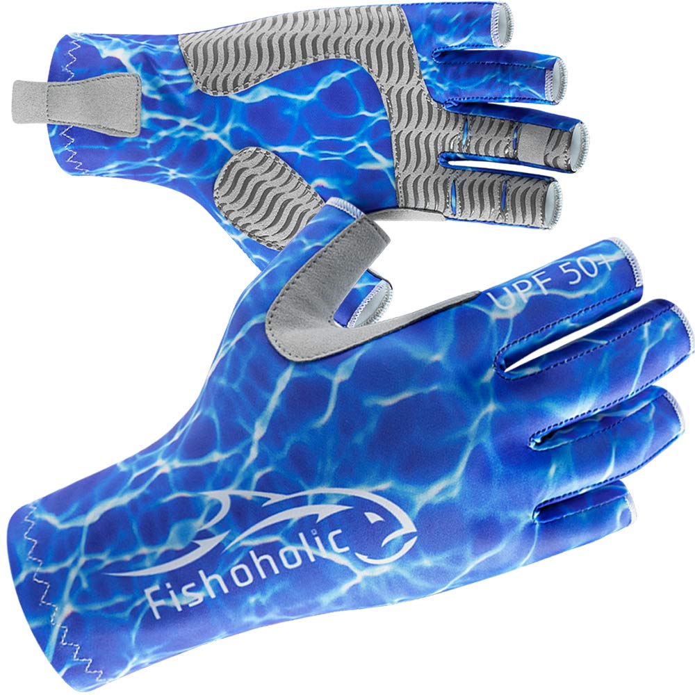 Fishoholic Fingerless Fishing Glove L/XL w' Super Grip UPF50+ UV Sun Protection for Men and Women Kayaking Hiking Paddle Board Paddling Rowing Canoe (BlueCamo, L/XL)