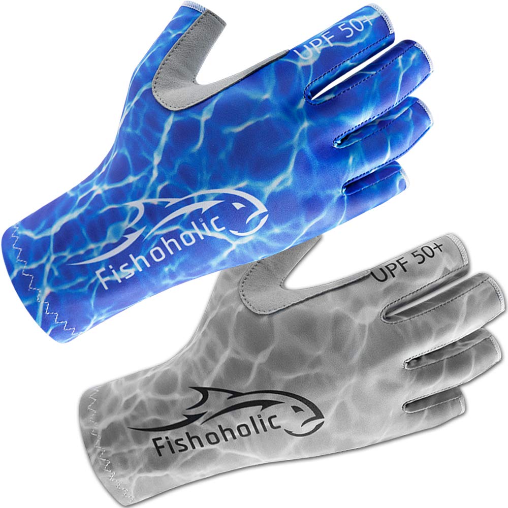 Fishoholic Fingerless Fishing Glove L/XL w' Super Grip UPF50+ UV Sun Protection for Men and Women Kayaking Hiking Paddle Board Paddling Rowing Canoe (BlueCamo, L/XL)