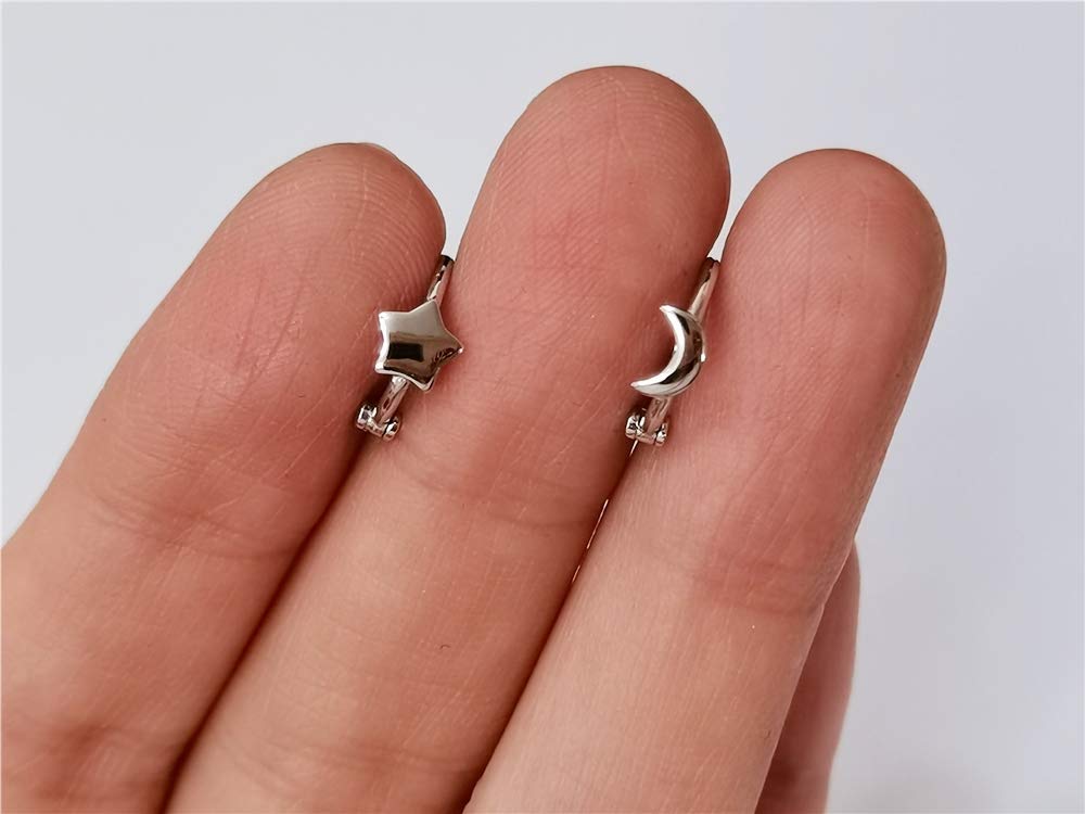 Asymmetrical Star Moon Small Hoop Earrings for Women Girls 925 Sterling Silver Charms Tiny Minimalist Crescent Moon Star Cartilage Clip Cuff Stud Earrings Fashion Delicate (Silver)