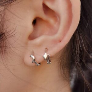 Asymmetrical Star Moon Small Hoop Earrings for Women Girls 925 Sterling Silver Charms Tiny Minimalist Crescent Moon Star Cartilage Clip Cuff Stud Earrings Fashion Delicate (Silver)