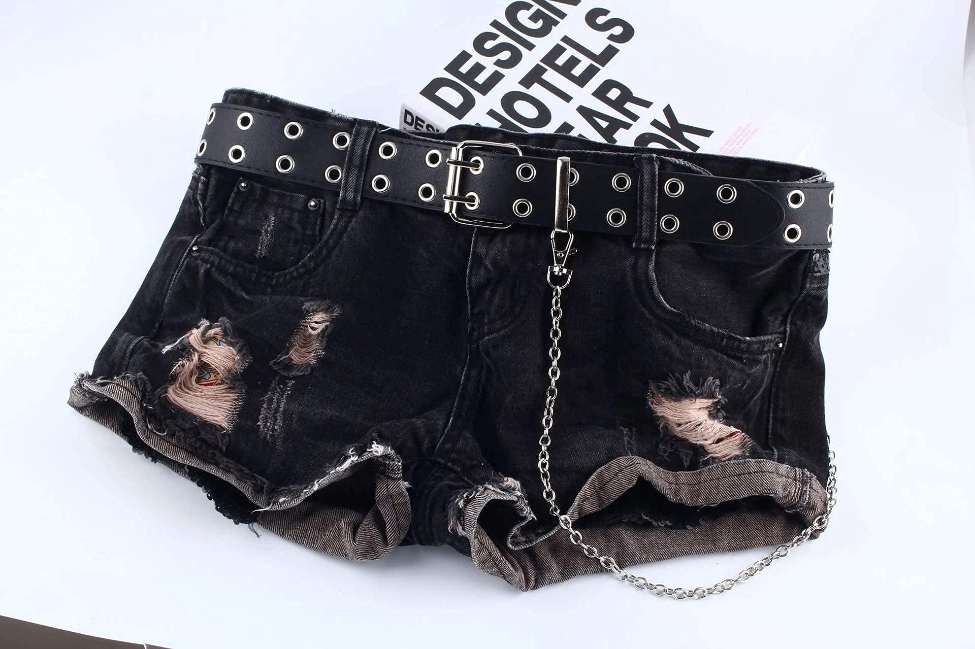 INOGIH Double-Grommet-Belt Leather Punk-Waist-Belt with Chain for Women Jeans Dresses