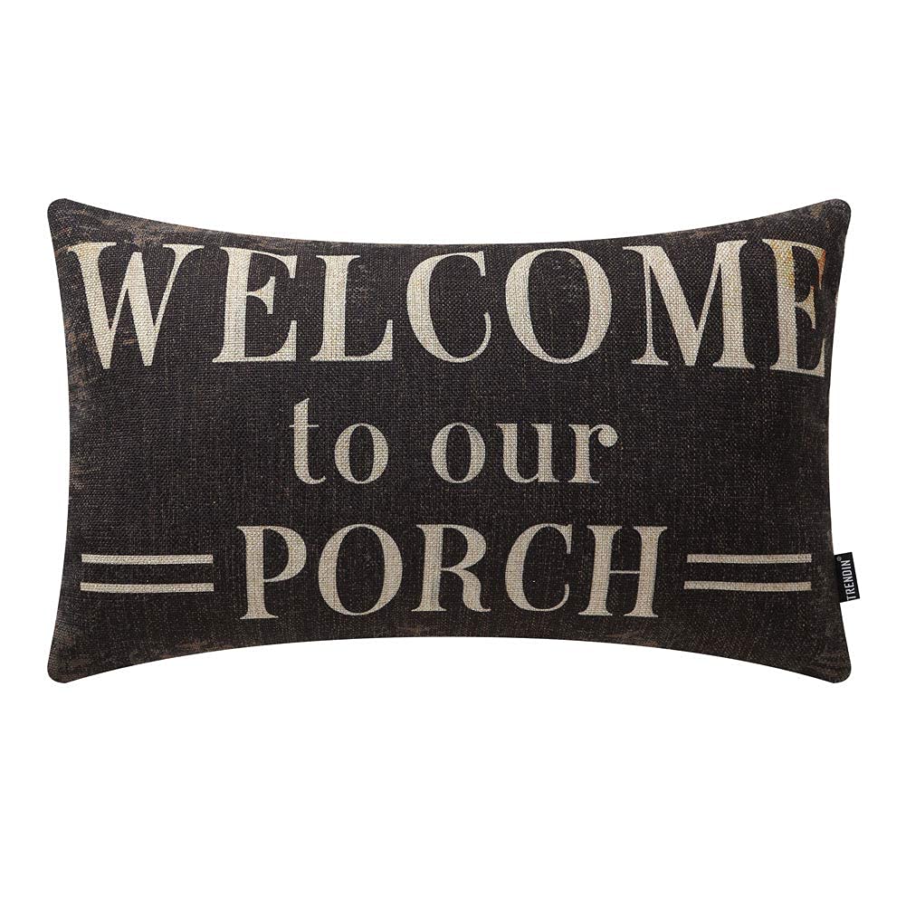 TRENDIN Decorative Throw Pillow Cover 20x12 inch Rustic Look Black Welcome to our Porch Cushion Case Rectangular Shape PL347TR