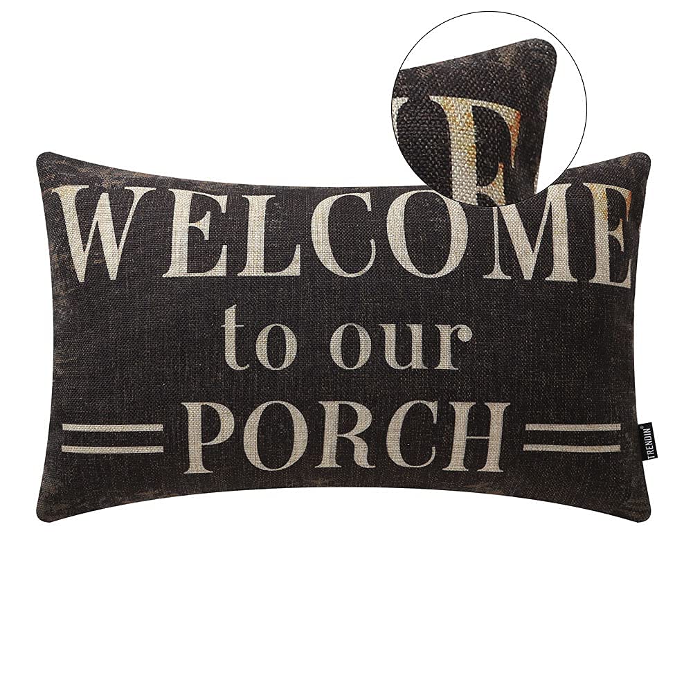 TRENDIN Decorative Throw Pillow Cover 20x12 inch Rustic Look Black Welcome to our Porch Cushion Case Rectangular Shape PL347TR