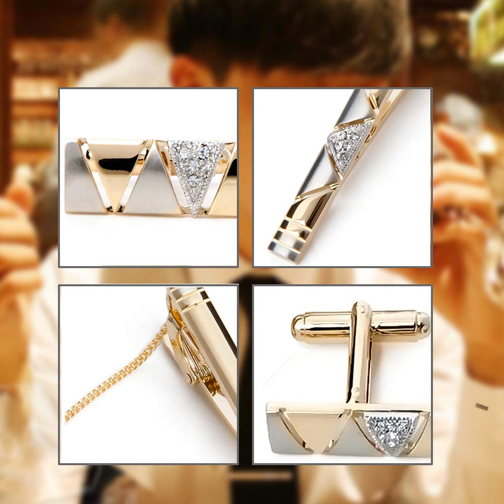 BagTu Two Tone Cufflinks and Tie Clip Set with Gift Box and Greeting Card, Stylish Golden Cufflinks and Tie Clip Gift Set for Men