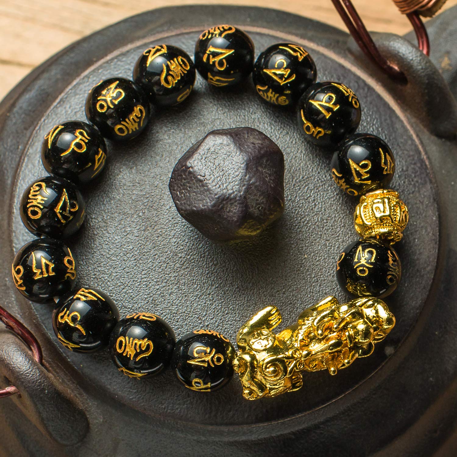 Feng Shui 14mm Black Hand Carved Mantra Beads Bracelet with 1 Golden Pi Xiu/Pi Yao and 1 Golden Mantra Bead Attract Lucky Wealthy