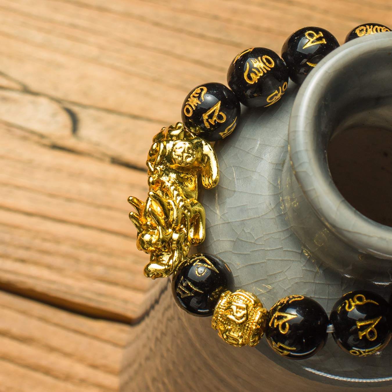 Feng Shui 14mm Black Hand Carved Mantra Beads Bracelet with 1 Golden Pi Xiu/Pi Yao and 1 Golden Mantra Bead Attract Lucky Wealthy