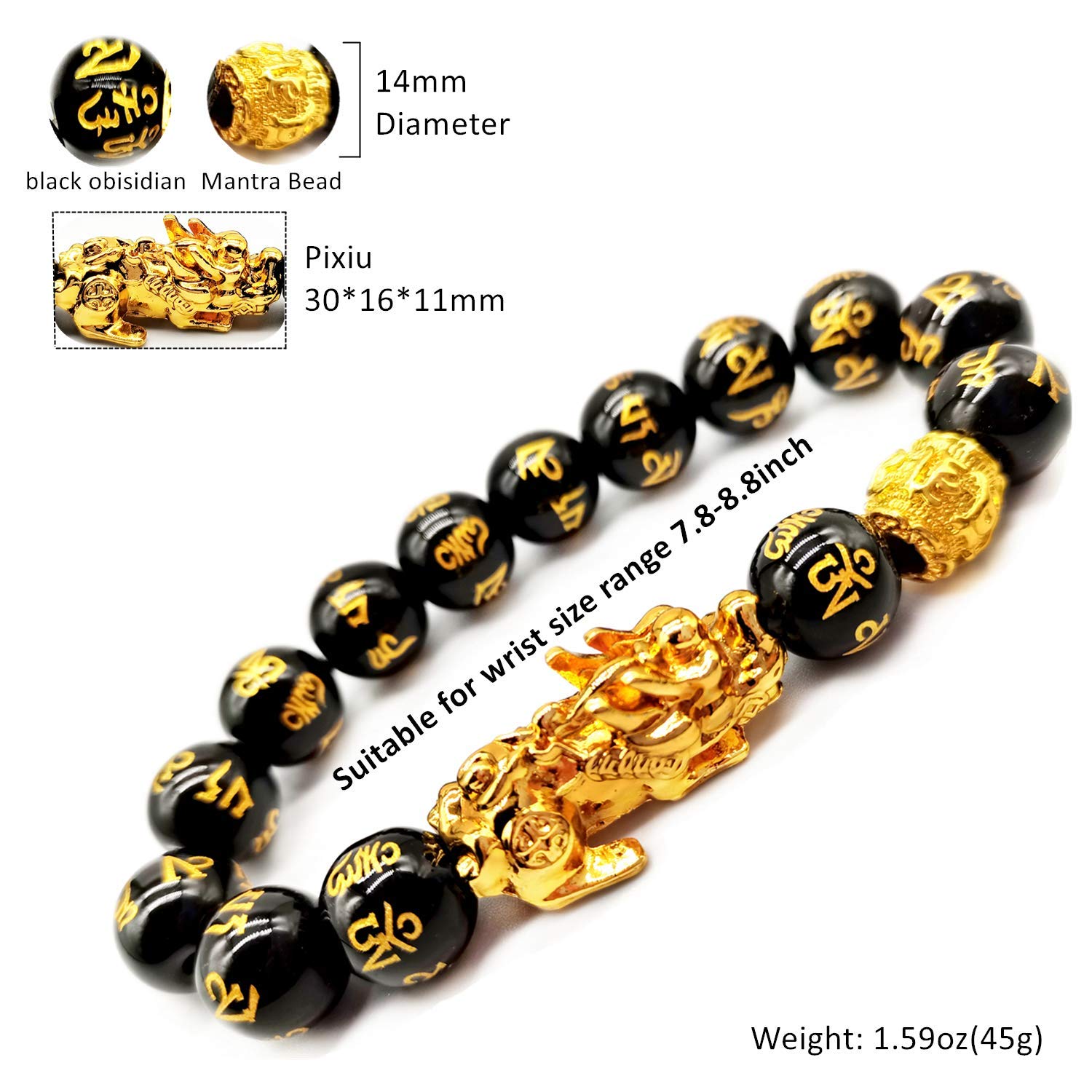 Feng Shui 14mm Black Hand Carved Mantra Beads Bracelet with 1 Golden Pi Xiu/Pi Yao and 1 Golden Mantra Bead Attract Lucky Wealthy