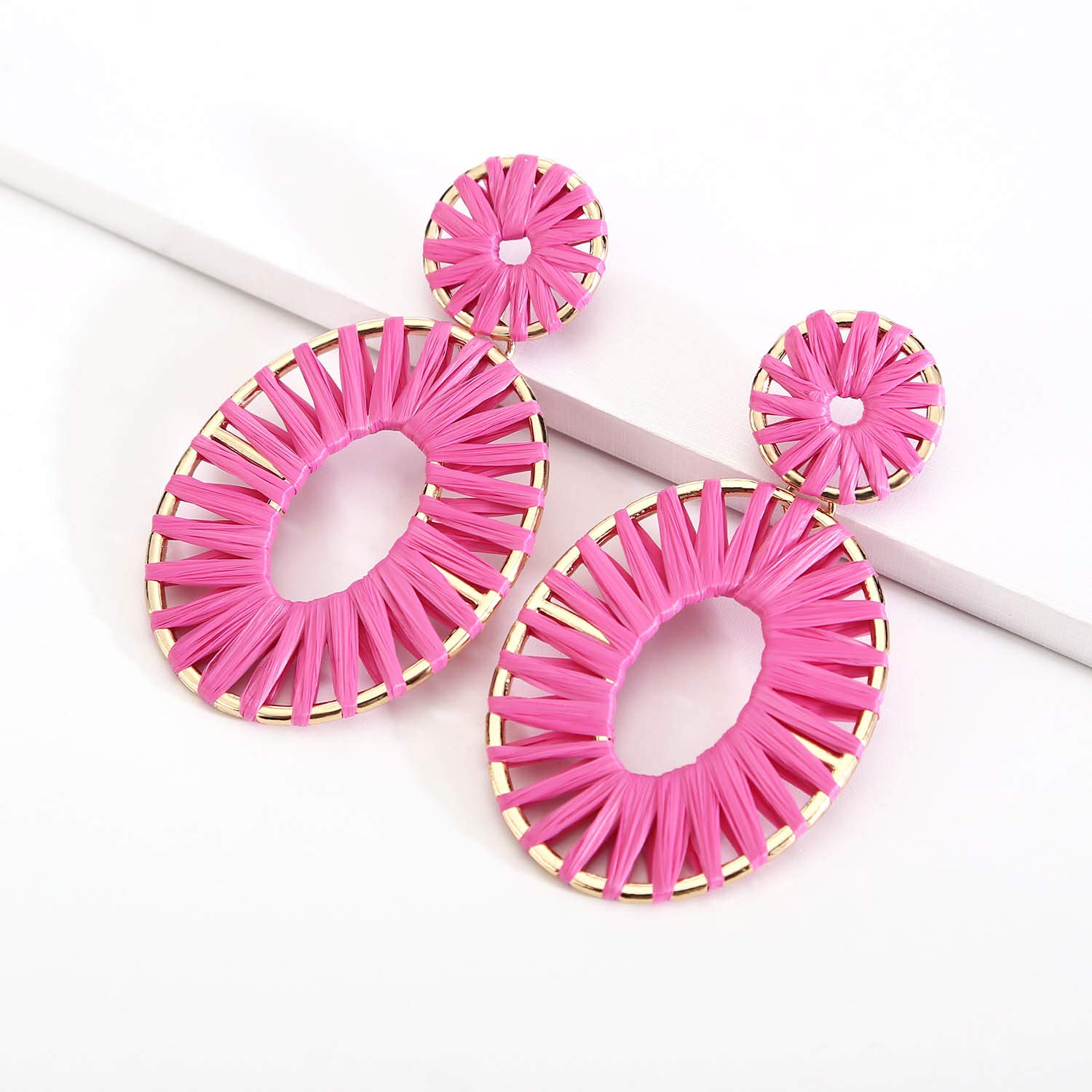 BaubleStar Kiera Raffia Tassel Fringe Rattan Hoop Drop Statement Earrings Hot Pink Tiered Thread Handmade Round Oval Cirle Dangle Fashion Jewelry for Women