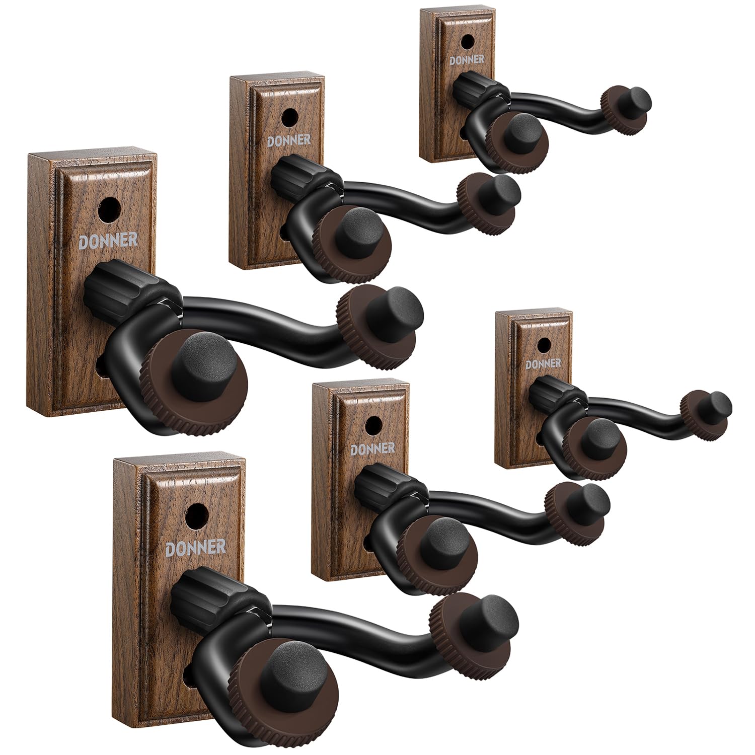 Donner Guitar Wall Mount Hanger 6-Pack, Black Walnut Guitar Wall Holder for Acoustic Electric Guitars, Bass, Folk Ukulele, Violin, Mandolin Banjo and String Instruments