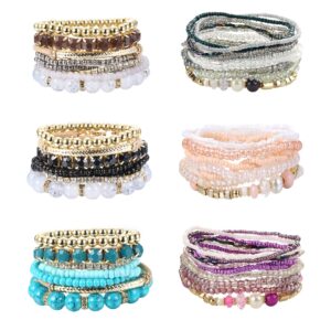 LOYALLOOK 6 Set Bohemian Stackable Bead Bracelets for Women Colorful Bangle Bracelets Multilayer Stretch Bracelets