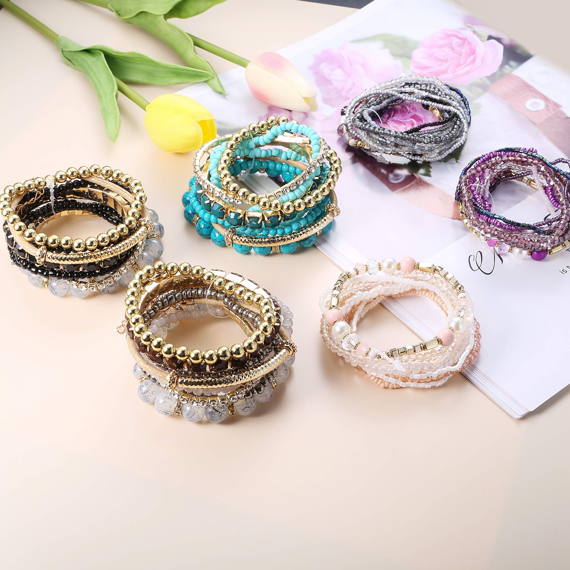 LOYALLOOK 6 Set Bohemian Stackable Bead Bracelets for Women Colorful Bangle Bracelets Multilayer Stretch Bracelets