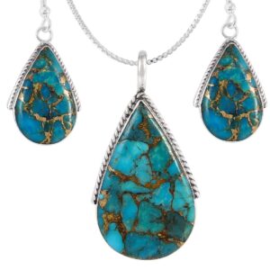 Genuine Turquoise Necklace Earrings Pendant Set 925 Sterling Silver (24" Length) (Matrix Turquoise)