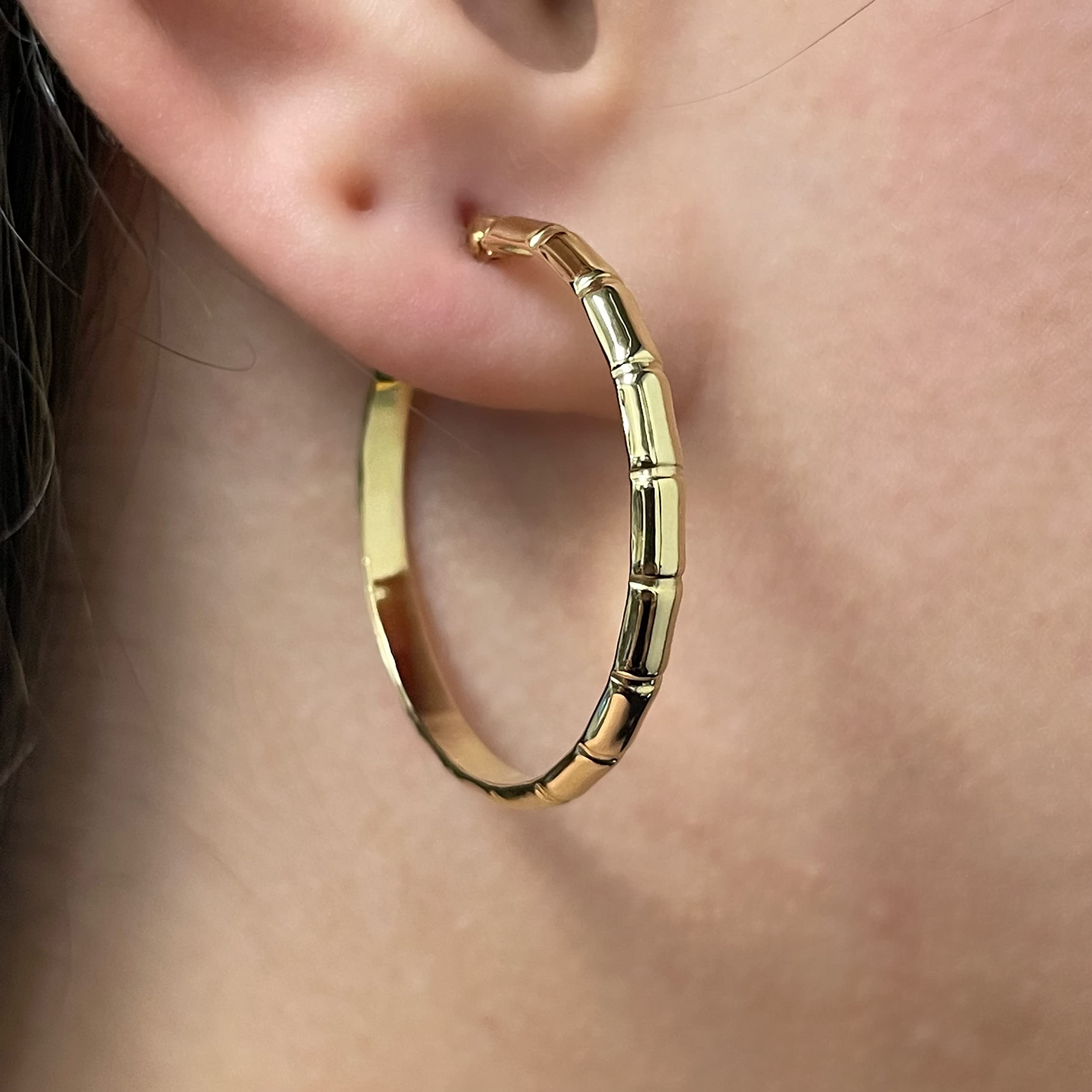 Italian 14k Yellow Gold Bamboo 2.8mm 1" Diameter Round Hoop Earrings 1.7 grams