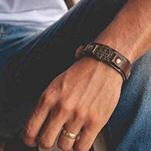 Intercession St Benedict Genuine Leather Protection Bracelet - Made in Brazil (Large - Brown)