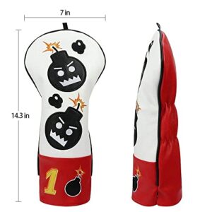 Craftsman Golf Driver Headcover Embroidery Bomb, Red and White PU Leather Golf Head Covers Driver #1 Fits Up to 460cc