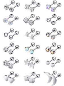 18 pairs stainless steel stud earrings solid rhinestone earring cartilage earrings helix ear piercing jewelry for women men (steel color, 18 g/ 1 mm with 4 mm screw ball)