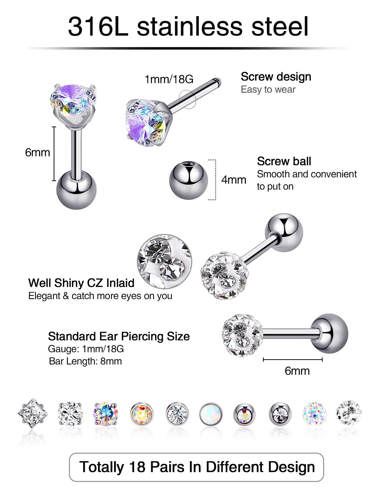 18 Pairs Stainless Steel Stud Earrings Solid Rhinestone Earring Cartilage Earrings Helix Ear Piercing Jewelry for Women Men (Steel Color, 18 G/ 1 mm with 4 mm Screw Ball)