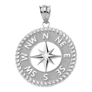 .925 Sterling Silver Navigation Compass 1” Pendant