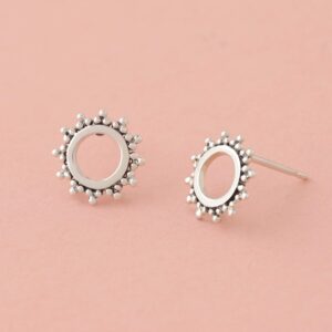 Boma Jewelry Sterling Silver Bohemian Balinese Beaded Texture Open Circle Sun Stud Earrings