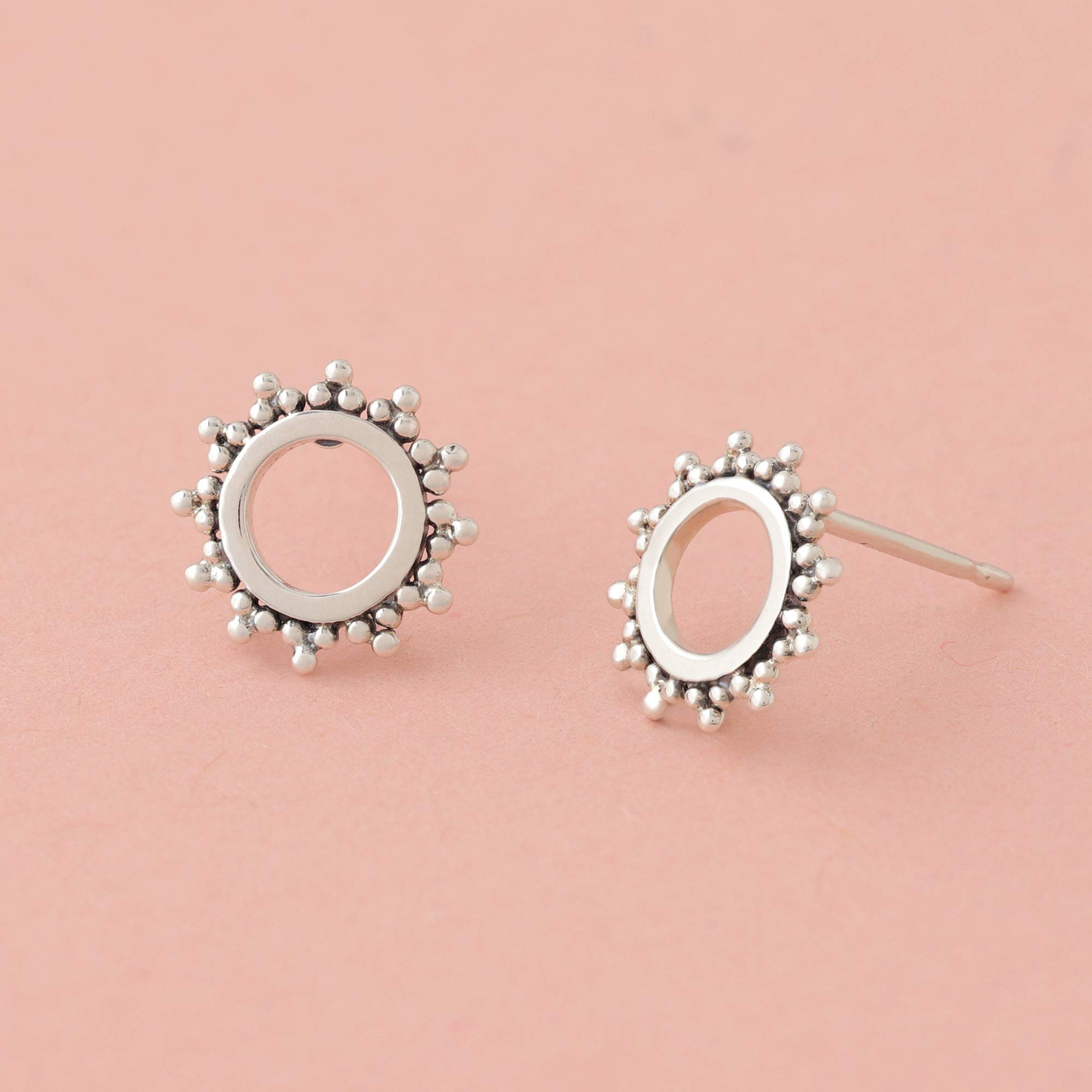 Boma Jewelry Sterling Silver Bohemian Balinese Beaded Texture Open Circle Sun Stud Earrings