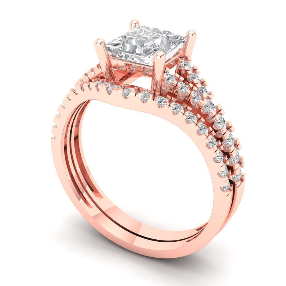 Clara Pucci 2.01ct Princess Cut Solitaire Moissanite Engagement Promise Anniversary Bridal Ring Band set 14k Rose Gold 9.5