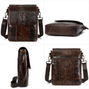 NIUCUNZH Leather Flap Messenger Bag for Men Small Crossbody Shoulder Bag,Novelty Crocodile Embossed Coffee