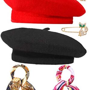 6 Pieces Wool Beret Hat Solid Color French Beanie Hat with Silky Scarf Brooch (Black and Beige)