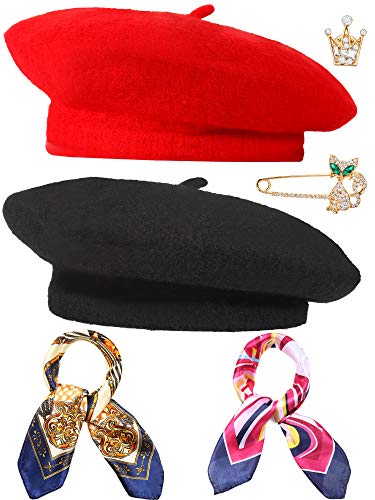 6 Pieces Wool Beret Hat Solid Color French Beanie Hat with Silky Scarf Brooch (Black and Beige)