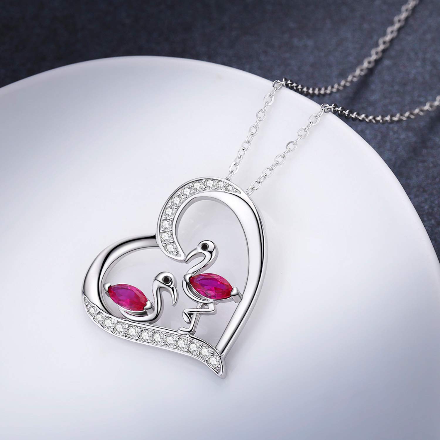 JUSTKIDSTOY Flamingo Necklace 925 Sterling Silver Animal Heart Pendant with Cubic Zirconia, Flamingo Bird Pendant Necklace Mothers Day Gifts for Women Wife Girlfriend