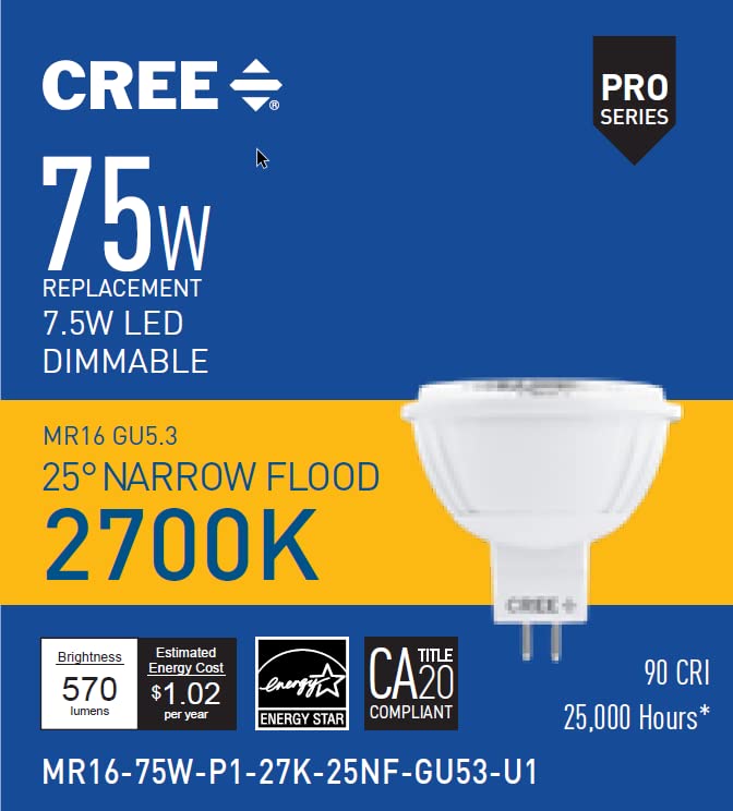 Cree Lighting MR16-75W-P1-27K-25NF-GU53-U1 Pro Series MR16 GU5.3 75W Equivalent LED Bulb (Dimmable) 540 lumens Soft White 2700K 1 Pack