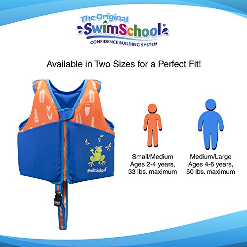 New SwimSchool Swim Trainer Vest – Small/Medium Max 33 Pounds – Kids Swim Vest with Padded Shoulders – Comfortable Flex-Form-Fit Design with Adjustable Safety Strap – Blue/Orange