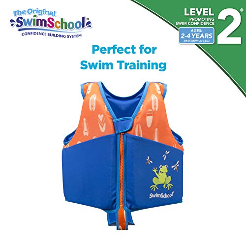 New SwimSchool Swim Trainer Vest – Small/Medium Max 33 Pounds – Kids Swim Vest with Padded Shoulders – Comfortable Flex-Form-Fit Design with Adjustable Safety Strap – Blue/Orange